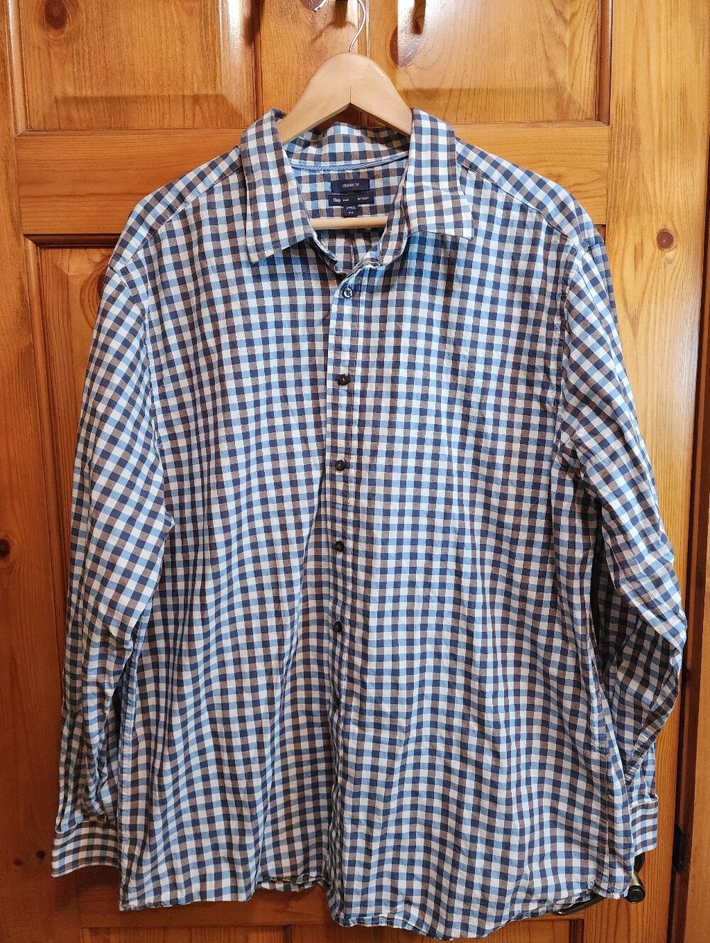 Gap Premium Classic Fit Blue and White Check Button-Down Shirt, XXL
